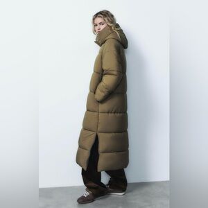 New ZARA Sz XL Long Water Wind Protection Olive Hooded Quilted Puffer Ano…